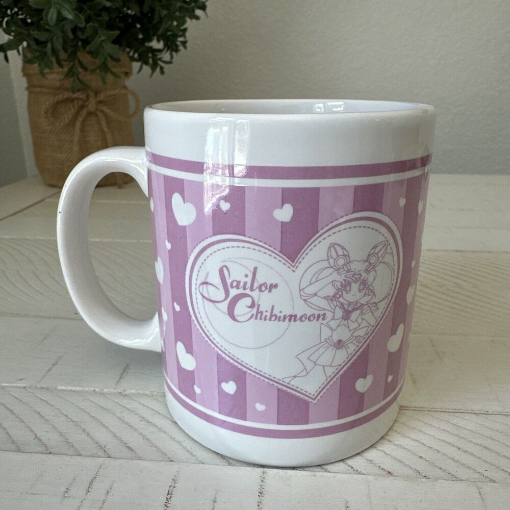 Sailor Moon Anime‎ ChibiMoon Chibiusa Coffee Mug Pink and White Striped Hearts